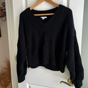 American Eagle Chenille V-Neck Sweater Black Pointelle Knit Oversized XS